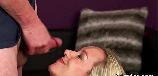  Nasty doll gets sperm load on her face gulping all the cum